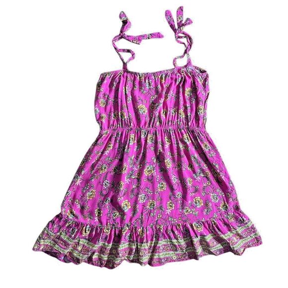Bebop Pink Floral Sundress XL Boho Elastic Waist Tie Accent Ruffel Hem Fairy - Picture 1 of 12